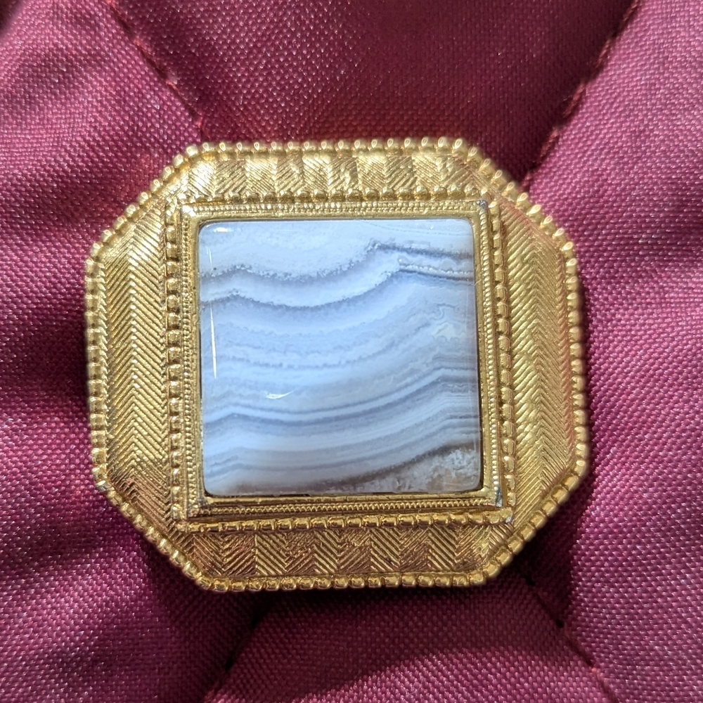 Vintage 1928 Jewelry Gold Tone Square Blue Lace Agate Octagonal Pin Brooch